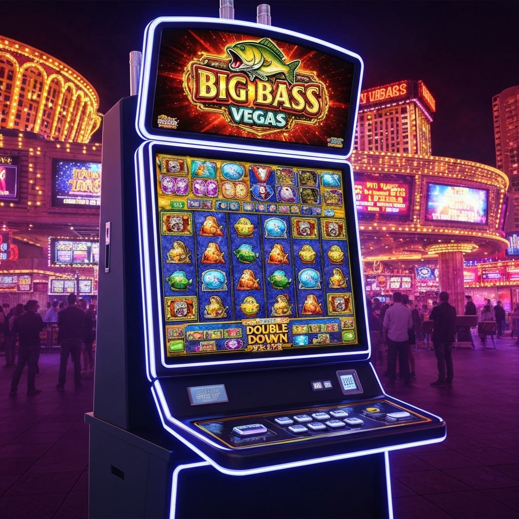 Big Bass Vegas Double Down Deluxe Giocatori di poker al tavolo del casinò con croupier e fiches